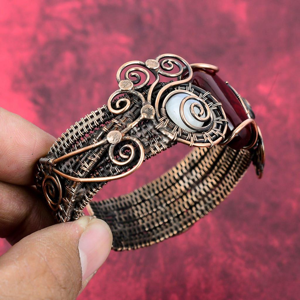 Red Fire Labradorite Bangle Copper Wire Wrapped Gemstone Cuff Bracelet Adjustable Bangle Moonstone Copper Jewelry Handmade Bangle For Gifts