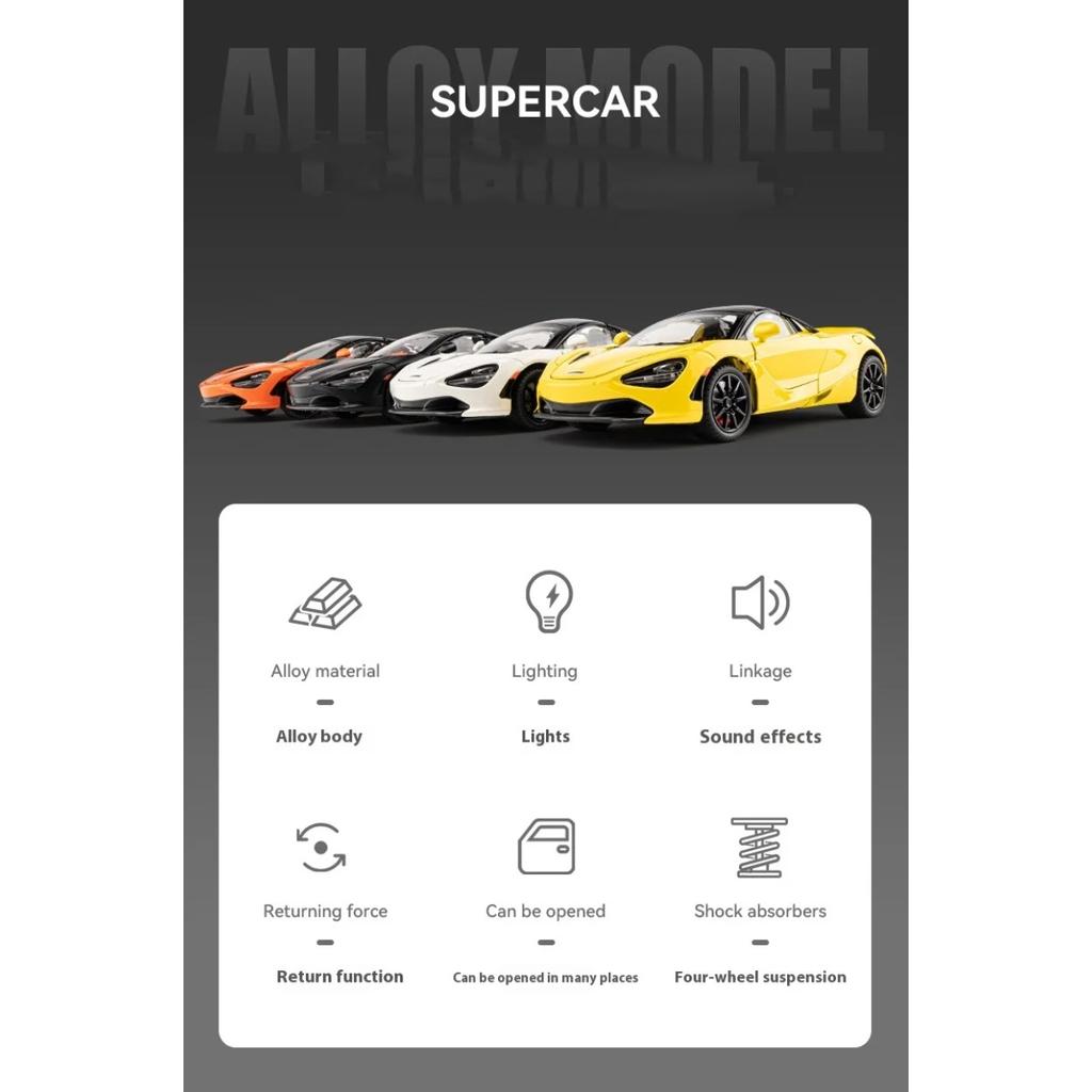 Super Sportcar Toy Simulation 1/24 McLaren 720s Car Model Alloy Die Cast with Sound Light Pull Back Toys Vehicles Models Children Gifts