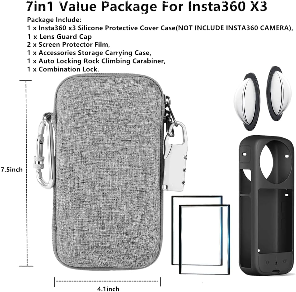 7in1 Insta360 X3 Accessories Kit: Silicone Case, Lens Guard, Screen Protector, Outdoor Bag with Carabiner