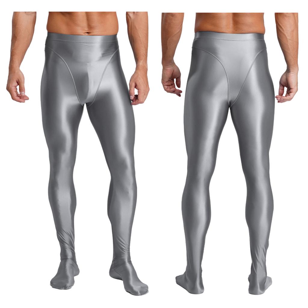 Mens Glossy Stretchy High Waist Fake Two Piece Tights Pants Leggings Yoga Wear