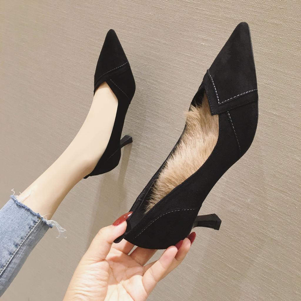 66620 New 2019 Autumn and Winter High Heels Thin Heel Pointed Girl Wind Shallow Mouth Single Shoes