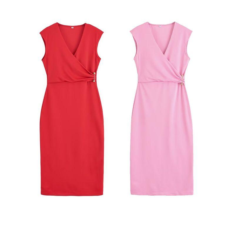 Kaslead New Women Clothes Western Style Fashion Pin Decoration V-neck Sleeveless Dress 3644181