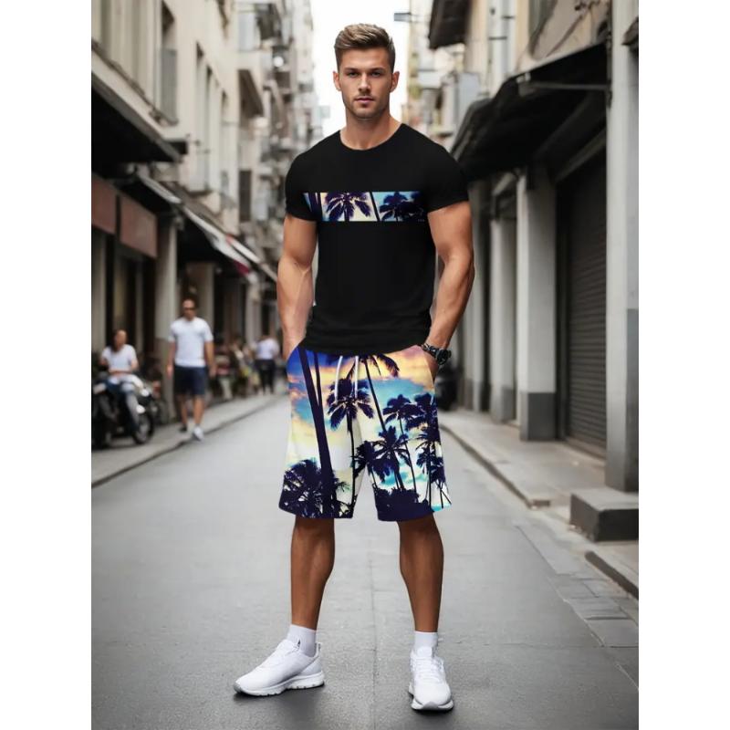 Summer Men's Casual Short Sleeve Suit Retro Palm Print Casual Holiday Fashion Street Wear Short Sleeve Shorts 2 Pieces