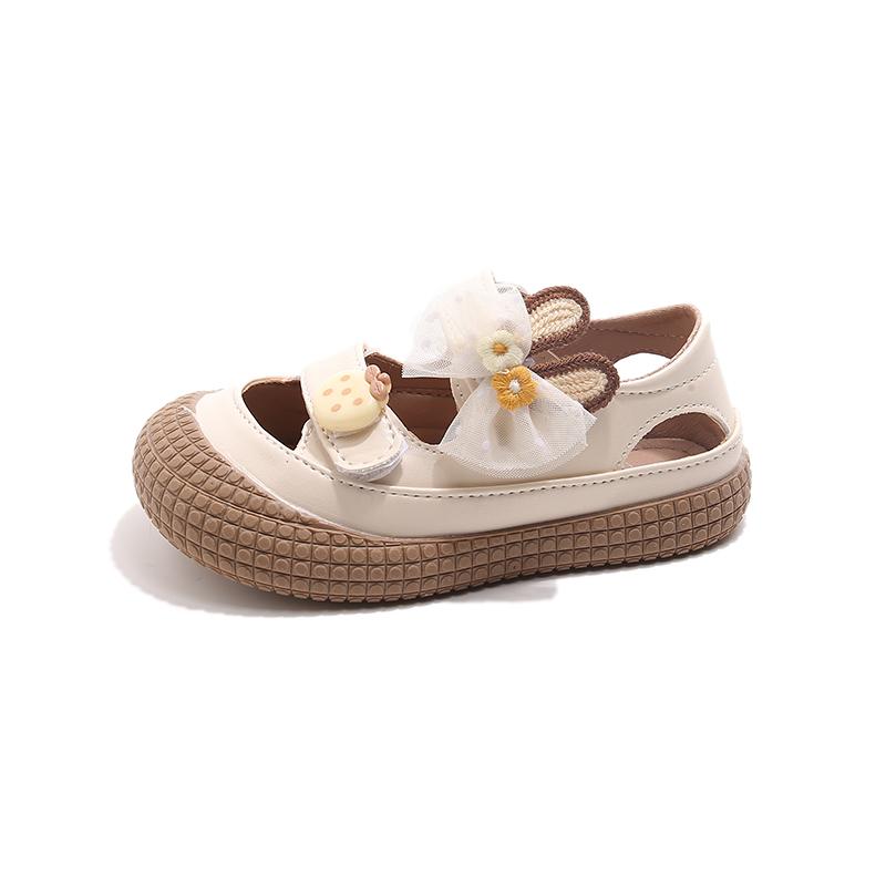 

High Quality Children s Rabbit Ear Tulle Embroider Outdoor Summer Double Strap Flat Cute Kids Sandals 22 бежевий