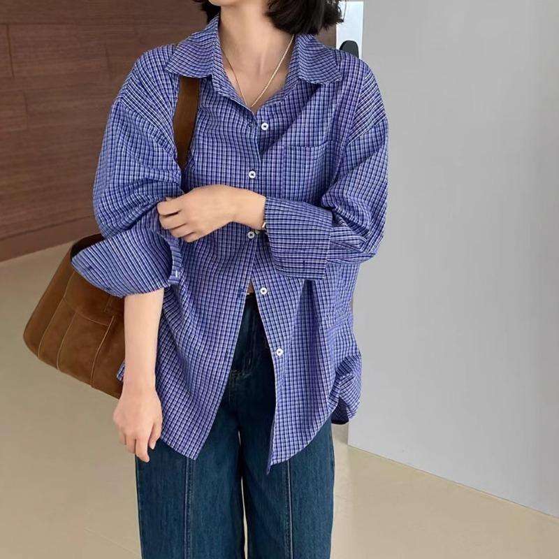 American Retro Blue Plaid Shirt for Women Spring Autumn and Summer Korean Style Lazy Loose Sun Protection Shirt Top Jacket