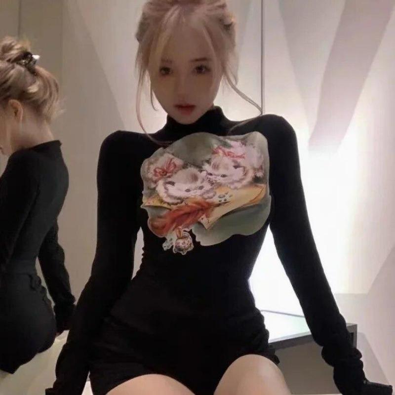 

2KWEIRD Сладкие Сексуальные Кавайные Футболки с Принтом Кошки с Полувысоким Воротником Женские Винтажные Короткие Футболки Y2k Приталенные Кроп-Топы Облегающие Желтые Футболки XL чёрный