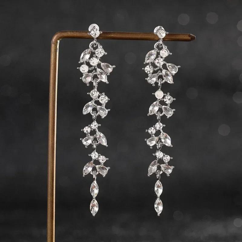 Trendy Long Tassel Chain Dangle Earrings Pendants Drop Earrings Women Party Rhinestone Geometric Leaf Hanging Earings Jewelry