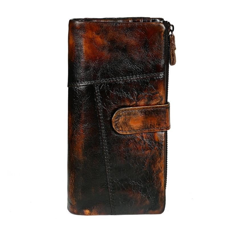 Men's Wallet, Hand Painted and Worn, with A Long Leather Top Layer and A Casual Wallet Made of Genuine Leather with Multiple Card Holders