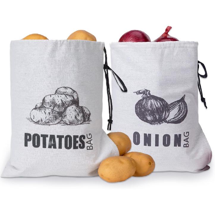 TOGETRUE Potato Onion Storage Bag, Fabric Onion and Potatoes Storage Bag, Washable Garlic Potatoes Onions Keeper with Drawstring for Pantry, 2 Pack Potato Onion Bag