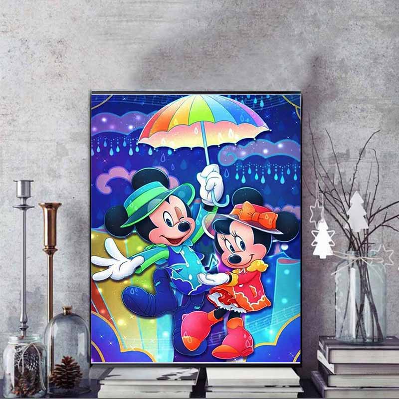 Disney Diamond Painting Mickey and Minnie Romantic Rain Illustration Mosaic Art DIY Cross Stitch Embroidery Set with Full Diamonds - Home Decor Gift