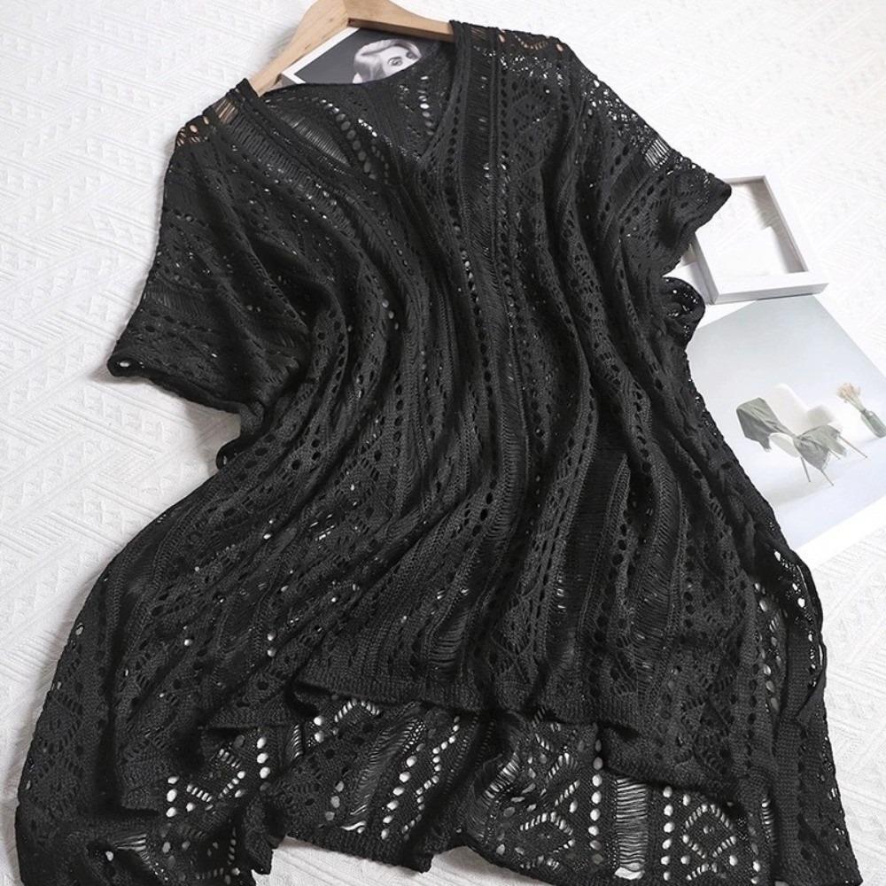 V-neck Hollow Out Swimsuit Cover Up Oversized Beach Wear Leisure Knitted Bikini Cover Up  Pool