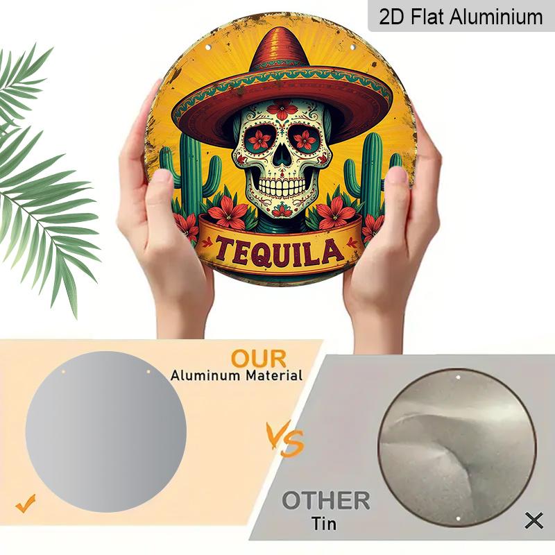 2D Flach, 1 Stück Retro Mexikanisches Bar Schild - Tequila-Thema Runde Aluminium Wandkunst mit Sombrero, Kakteen und Blumenmustern - Perfekt für Zuhause