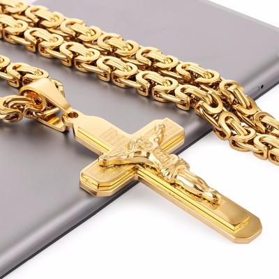 Collier avec pendentif en forme de croix de Jésus en acier inoxydable, chaîne byzantine pour homme, bijoux cadeaux, 55,9 cm (55cm) NZ015