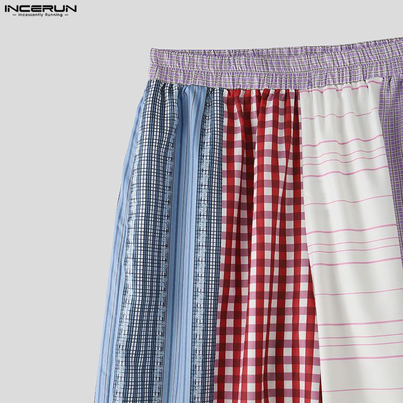 INCERUN Men's Patchwork Wide Leg Trousers Casual Loose Striped Plaid Pants Harajuku Streetwear Elastic Waist Bottoms