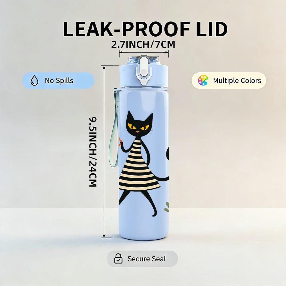 1PC Striped Black Cat Walking Figure 750ml Color Plastic Sports Water Bottle Leakproof Flip Straw Lid For Sports Office Home Use