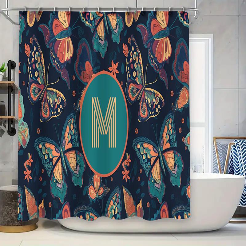 

Colorful Butterfly Monogram Shower Curtain Unique Bath Decor for Kids Room or Master Bathroom Navy Blue Customized Fabric with L 90x180cm