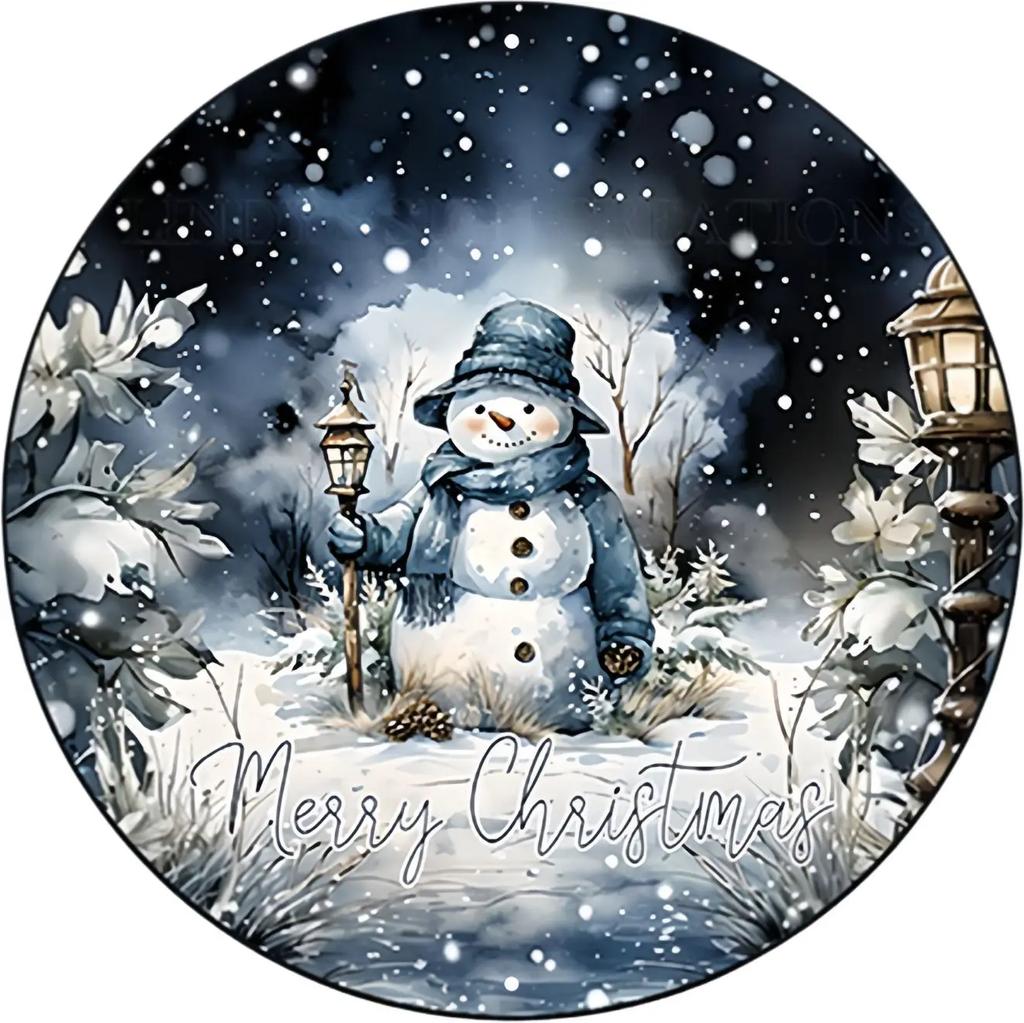 Round Metal Tin Sign Art Painting Wreath Decorative Plates Cartoon Snowman Christmas Poster for Home Garden Garage Wall Decor