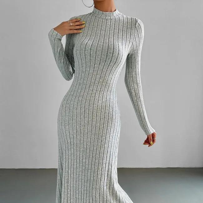 Jesień zima Solidna sukienka z długim rękawem i półgolfem Maxi dla kobiet Elegancka, obcisła, elastyczna, dzianinowa sukienka Moda Streetwear