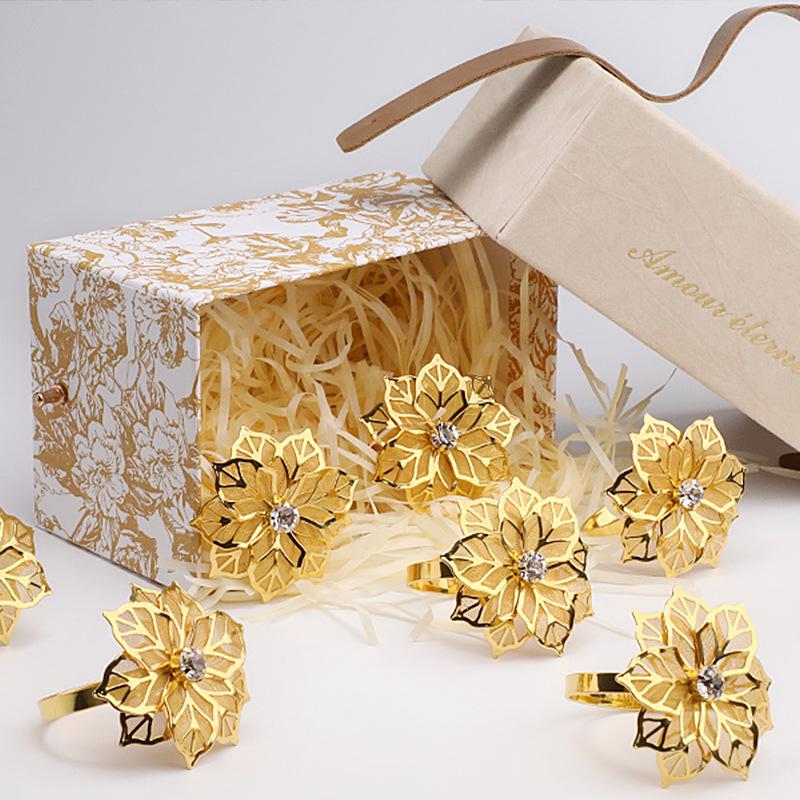 6Pcs Rose Flower Napkin Holder Floral Rhinestone Napkins Rings for Wedding Mother's Day Party Dinner Table Decor