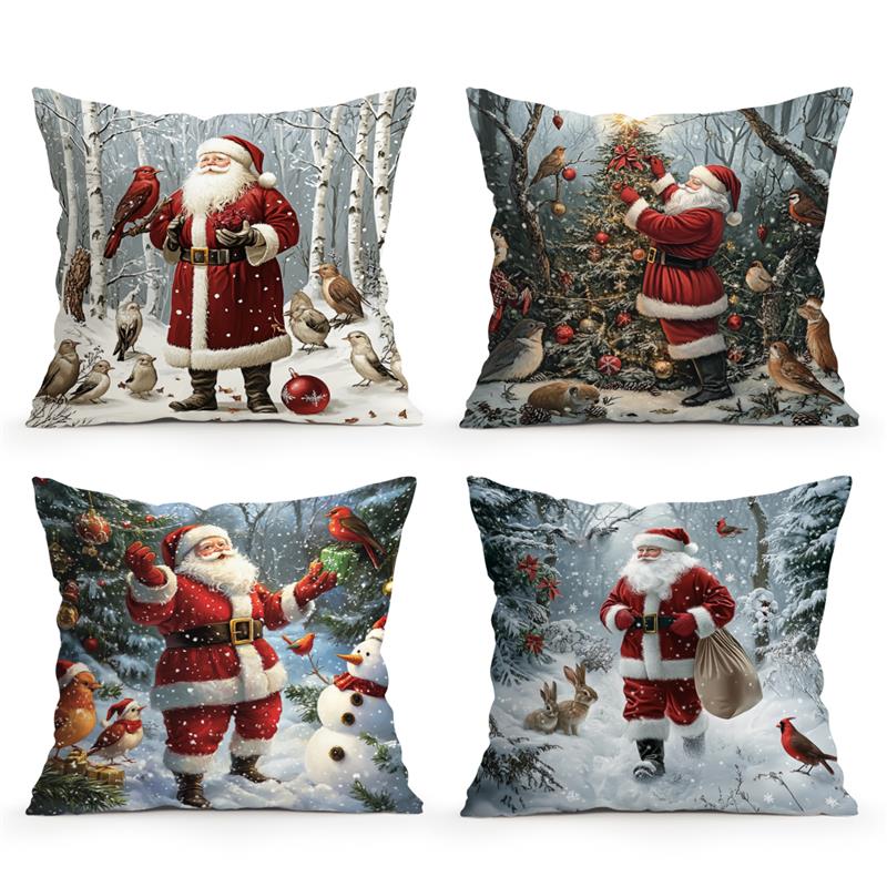 Home Decor Santa And Winter Wildlife Christmas Pillow Pattern Cushion Cover Suitable For Sofa Bedroom Car Pillow Cover