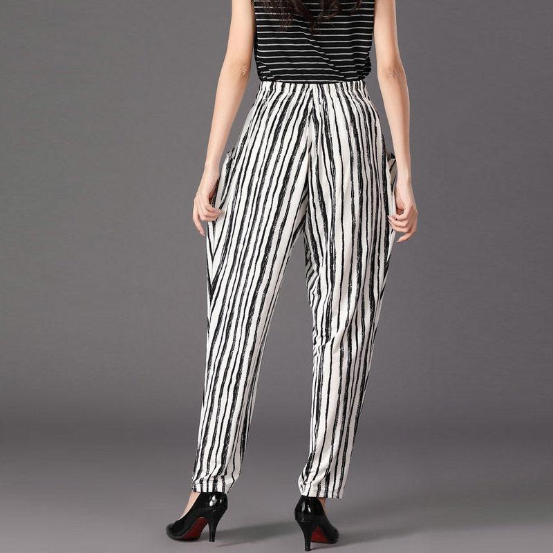 Korean Fashion Striped Printed Harem Pants for Women Spring New Casual Loose Elastic High Waist Pockets Trousers Female