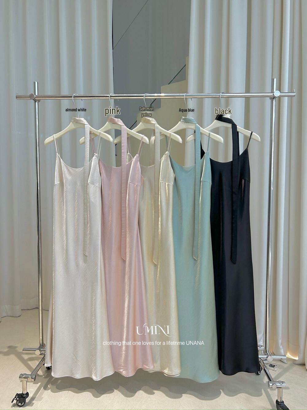 Elegant Pearlescent Satin Camisole Dress - French Style F5628 for Women Black