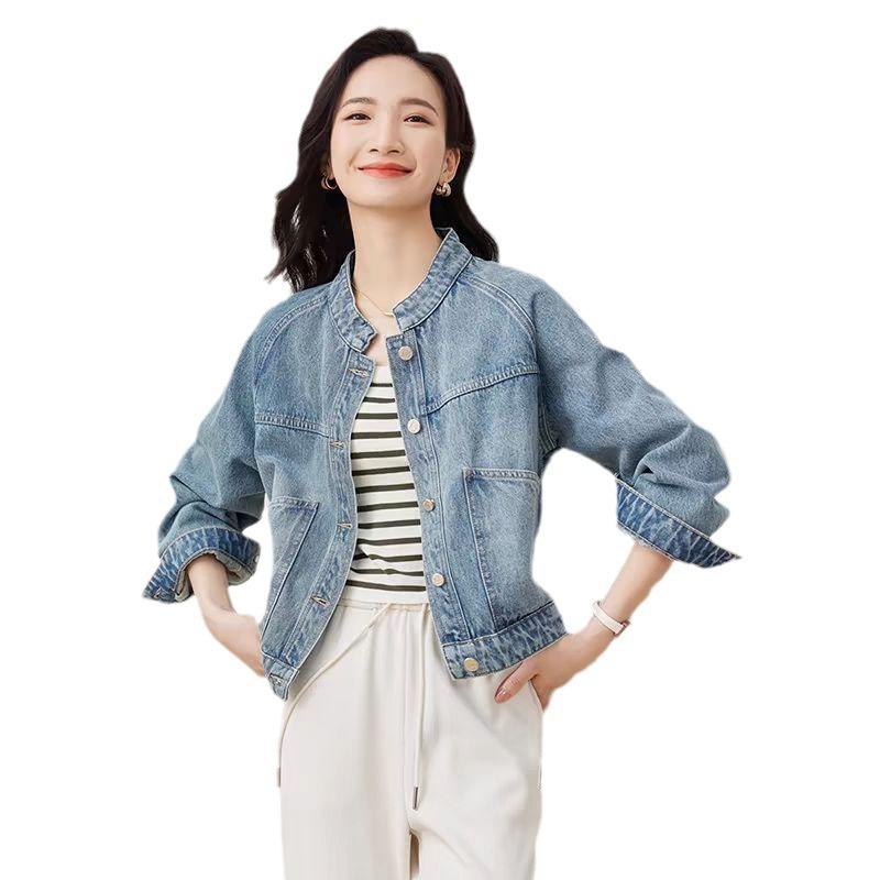 Retro Yıkanmış Denim Kısa Ceket Kadın Sonbahar İlkbahar Dik Yaka Küçük Uzun Kollu