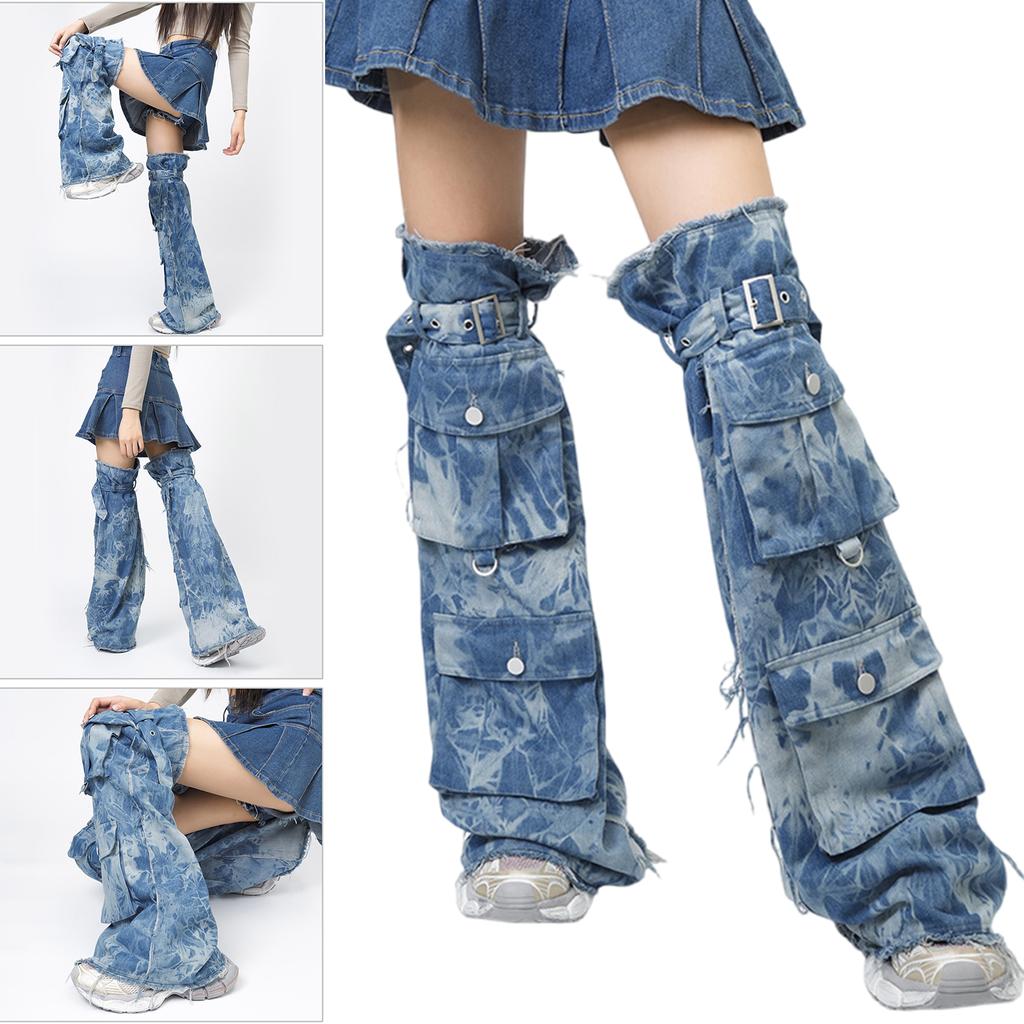 Women Harajuku Over the Knee Denims Tie Dye Leg Warmers Punk Buckled Strap Leg Covers Socks Baggy Leg Sleeves Streetwear