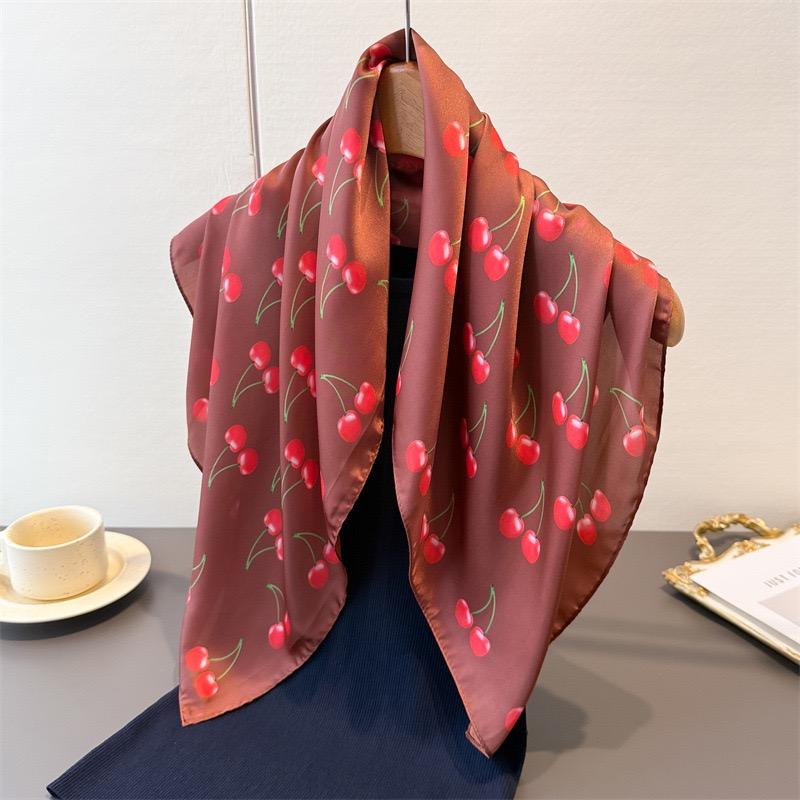 Luxury Square Silk Scarf Women Cute Fruit Cherry Pattern Shawls and Wraps Fashion Small Bag Scarves Hair Tie Bandanas 70*70Cm