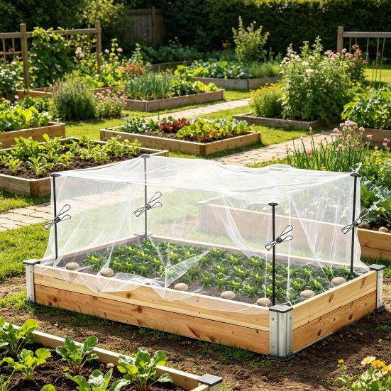 1 Set Raised Garden Bed Netting, Garden Bed Insect Netting Kit, 2.6ft Metal Support Stakes with 4Ft x 8Ft Fine Mesh