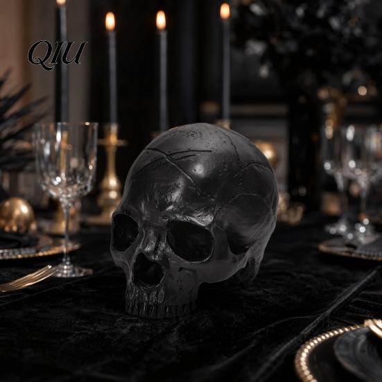 Vintage Style Skull Ornament Resin Ornament, Dark Halloween Prop, Sturdy Atmosphere Decoration Durable Teaching Model, Matte Black Anatomy