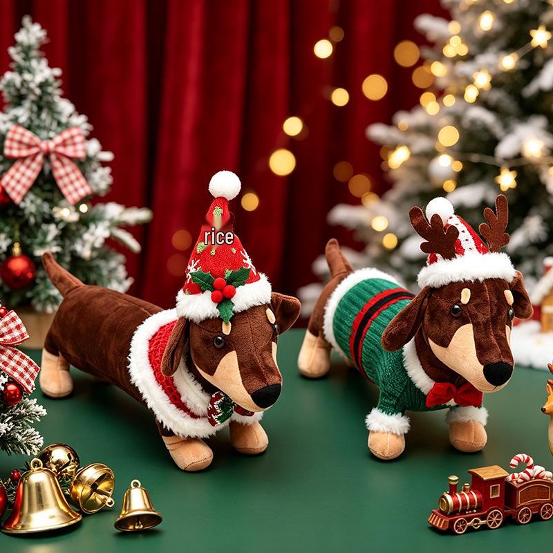 Creative Dachshund Dog Plush Christmas Figurine Ornament for Home Decoration