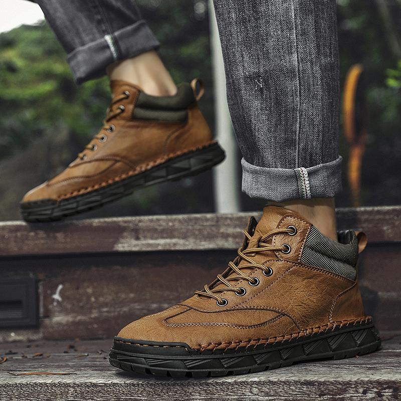 Men's Retro Genuine Leather Large Size Casual Shoes Winter Plus Velvet Warm Ankle Boots Spring and Autumn Men's Mid-cut Short Boots
