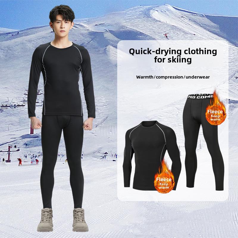 Strat de bază pentru sporturi de iarnă cu uscare rapidă pentru bărbați: Bluză călduroasă, cu croială strânsă, pentru schi și alergare, cu plus de catifea pentru fitness în aer liber