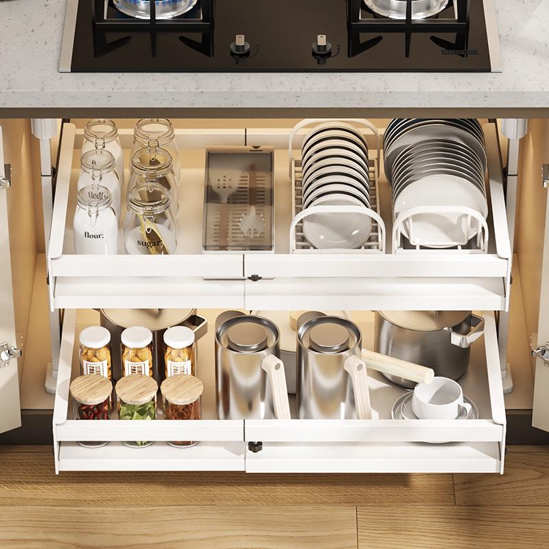 Punch-Free Under-Mount Kitchen Cabinet Pull-Out Dish & Bowl Storage Rack