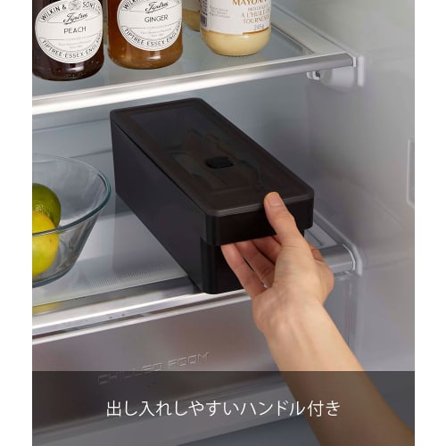 Yamazaki Tower 7710, a deep-access, airtight food container with handle, black, approximately W10 x D27.5 x H8.4cm, with a bubble.