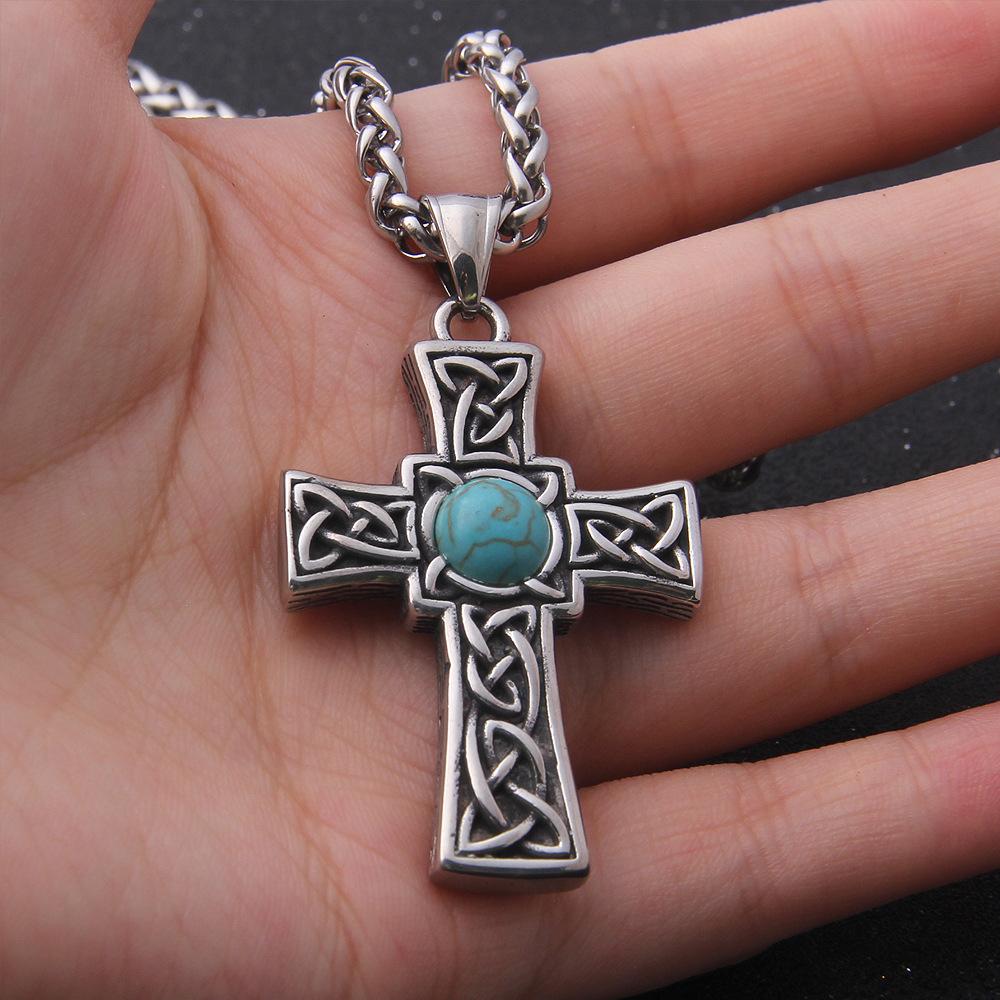 Stainless Steel Turquoise Celtic Cross Pendant Necklace Womens Turquoise Celtic Cross Pendant Necklace for Men