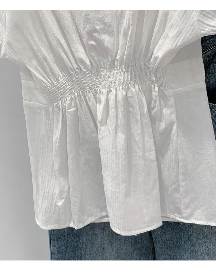 Chic French White Short-Sleeve Bubble Collar Top for Women