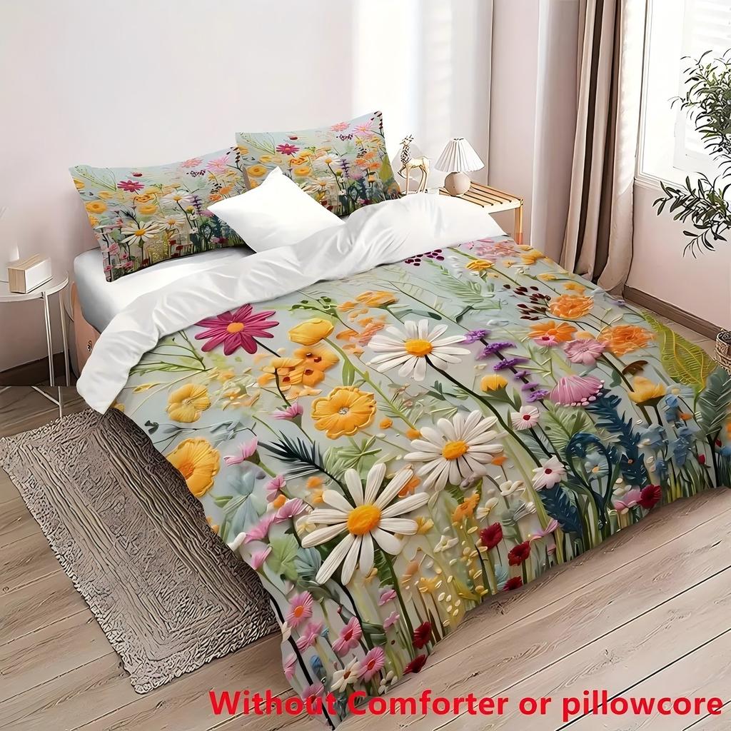 Color Oil Painting Floral Leaf 3D Print Quilt Cover Color Oil Painting Style Comfortable Spring Natural Bedding Cover Pillowcase