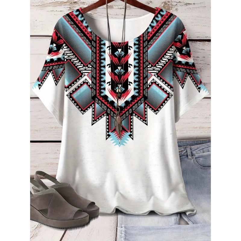 Summer Round Neck 3D Retro Ethnic Style Printed Top Fashionable Casual Short Sleeved Women's Plus SizeT-shirts