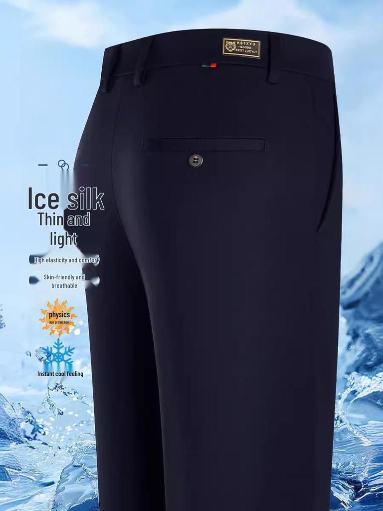 Herren Eisseide Stretch Business Casual Anzughose – Mittleren Alters, Einfarbig, Bügelfreie Hose