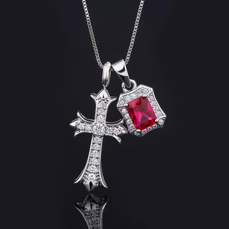 Design Sense Diamond Emerald Cross Necklace Pendant Sweet Cool Hip Hop Band Diamond Gem Spice Collarbone Chain