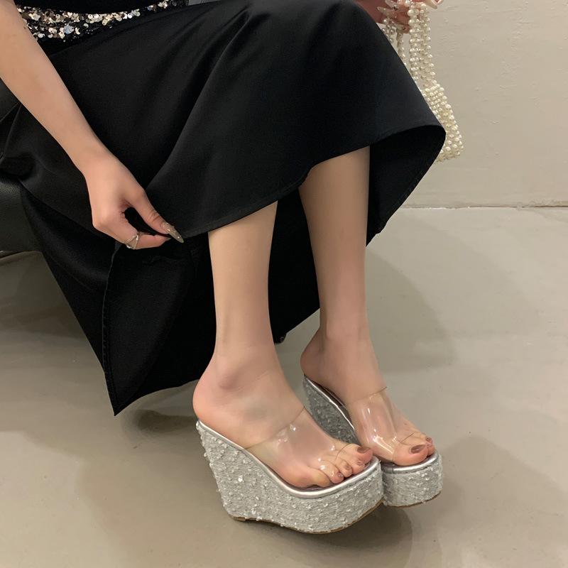 Fashion Sequined Wedge Slippers Super High Heels Transparent One-word Wear Fish Mouth Open-toed Sandals Women's Shoes