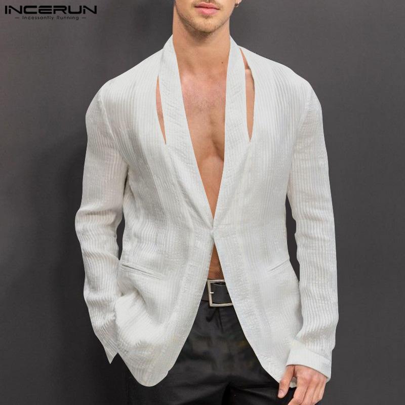 

INCERUN Men Collarless Hollow Long Sleeve One Button Blazer Texture Coats 4XL чёрный