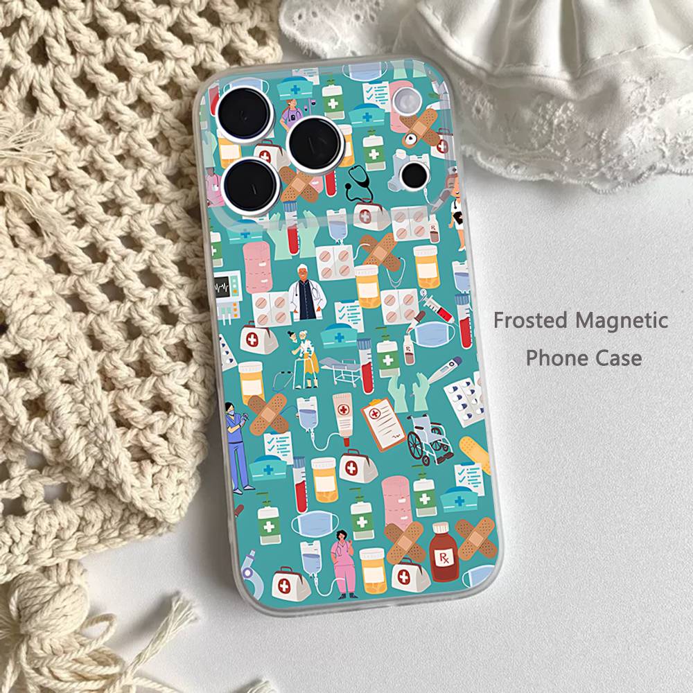 Medicine Doctor Nurse Cartoon Frosted Clear Magnetic Case for iPhone 17,16,15,14,13,12,11 Pro,Max,Plus,Mini,Air,E