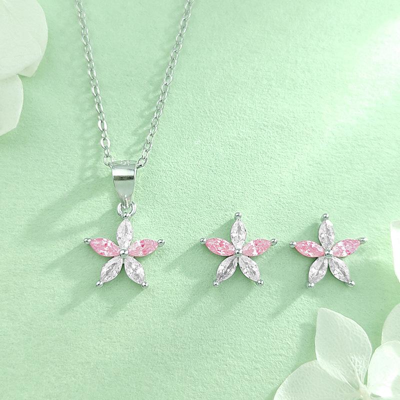 S925 Sterling Silver Pink Star Necklace & Earring Set - Elegant 2025 Clavicle Jewelry for Women