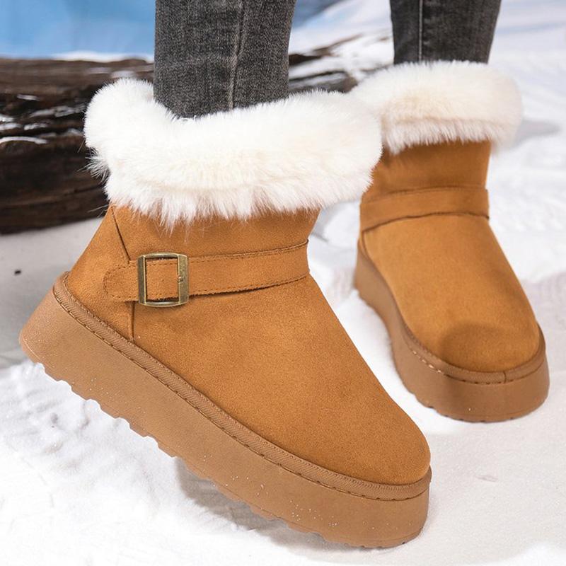 Fashion Furry Thick Warm Snow Boots Women Retro Buckle Detor Slip On Snow Boots Woman Winter Yellow Brown Platform Booties Female