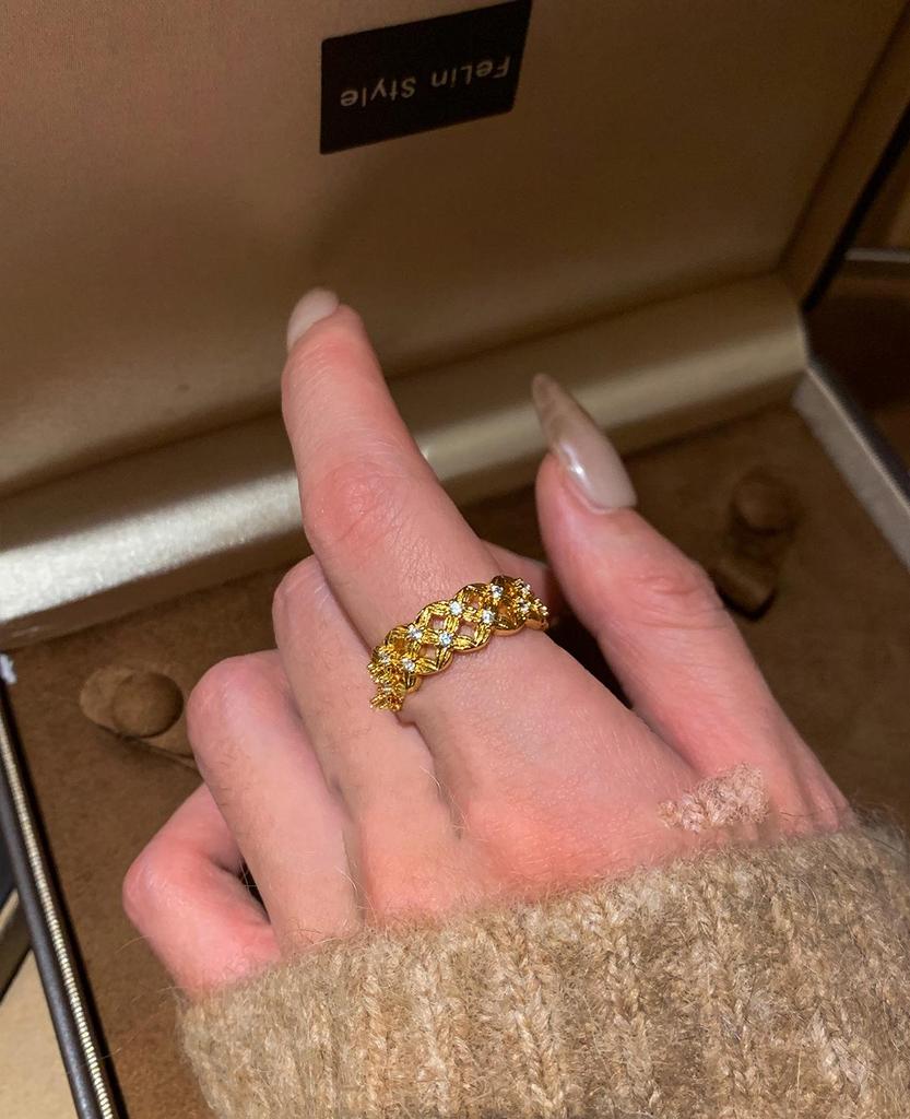 18k Gold Plated Zircon Ring: Exquisite Luxury Openwork Design, High-End Hand Jewelry.