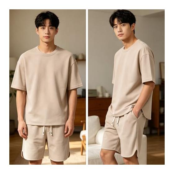 [ANONIE] Men's Short Sleeve Top and Bottom Set, Jersey, Loungewear, Summer Loungewear, Sportswear, Plain, Large Size, Sweat Absorbent, Quick Drying,