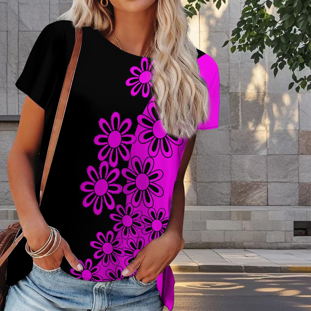 Women Summer T Shirt Flower Print Retro Fashion Short Sleeve Tees Casual   Printed  Tops